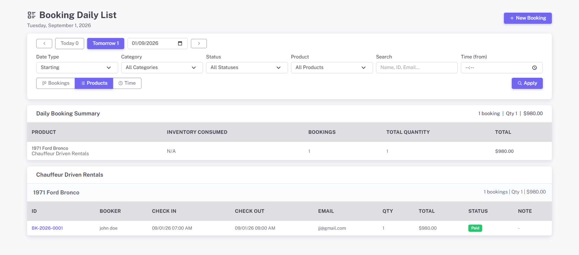 Daily list grouped by vehicle with filters and a per-booking run sheet