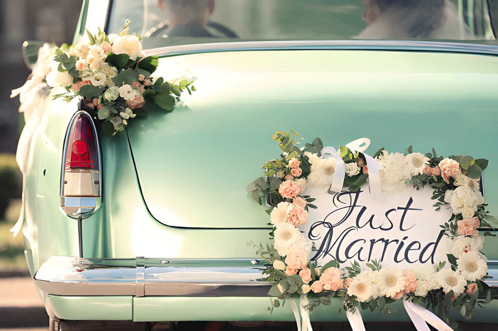Classic mint-green wedding car with a Just Married sign, shown on an operator website with the Booking Pilot booking widget embedded